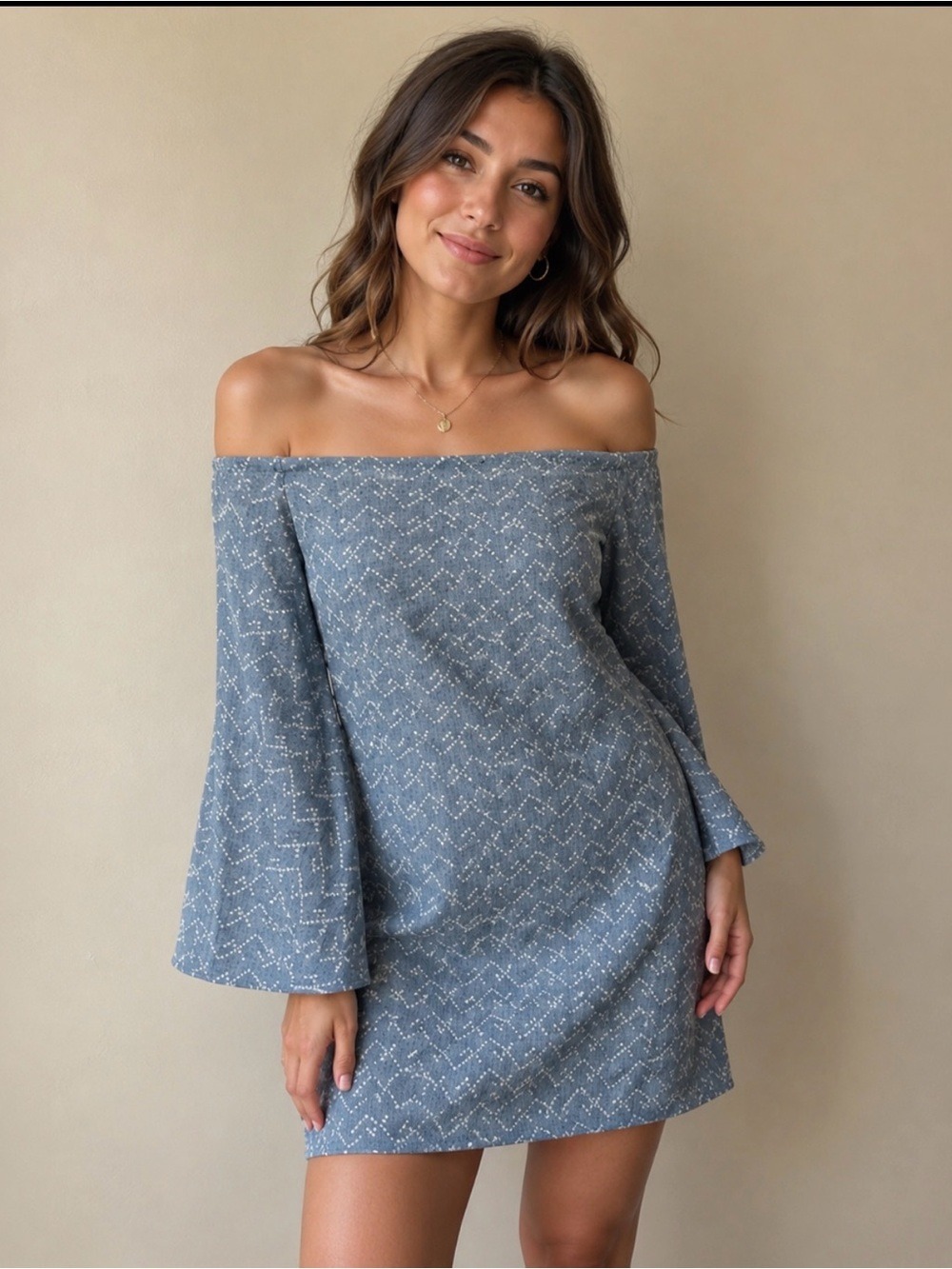 𝅺aqua chambray off the shoulder print boho linen blend dtess large